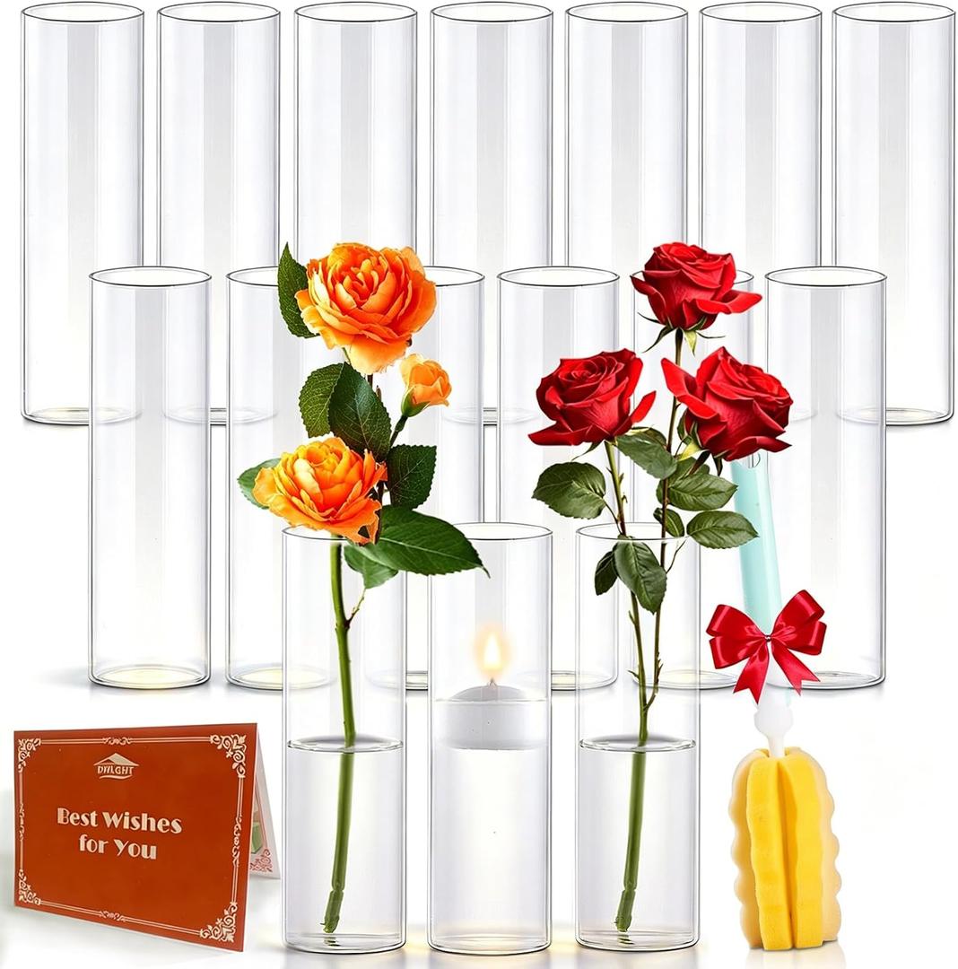 16Pcs Glass Cylinder Bud Vases for Centerpieces,7.7 In Tall Clear Flower Vases in Bulk,Glass Small Vases Floating Candle Holder for Party,Home Decor,Wedding Decoration,Birthday,Anniversary,Baby Shower