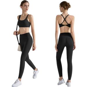 EFOGEP Womens 2 Piece Workout Set Cross Back Sports Bra High Waisted Yoga Pants Stretchy Athletic Outfit for Yoga Gym Pilates (Black, XL)
