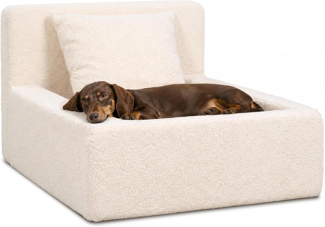 Boucle Dog Bed with Pillow, Furniture Style Dog Couch with Backrest, Washable Calming Pet Sofa Lounge for Small Medium Dogs, Beige