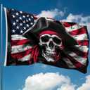 Pirate Flag On American Flag – Jolly Roger Flag On USA – Funny Flag – 110Den polyester - Double Seam - 2 brass eyelets, large 5ft x 3ft
