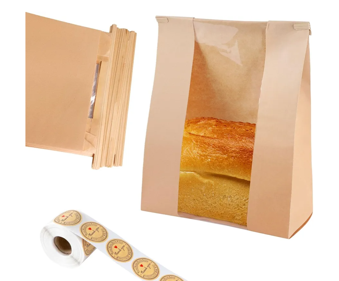 Dualshine 100 Pcs Bread Bags for Homemade Bread Sourdough Bags Paper Kraft with Window 14" x 8.3" x 3.5" with Tin Strip and 500 Pcs Seal Stickers for Cookies Coffee Beans and Bakery