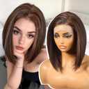 Brown Highlight Synthetic Lace Front Wig,136 Short Straight Glueless Bob Wig for White Women Daily Use 10IN