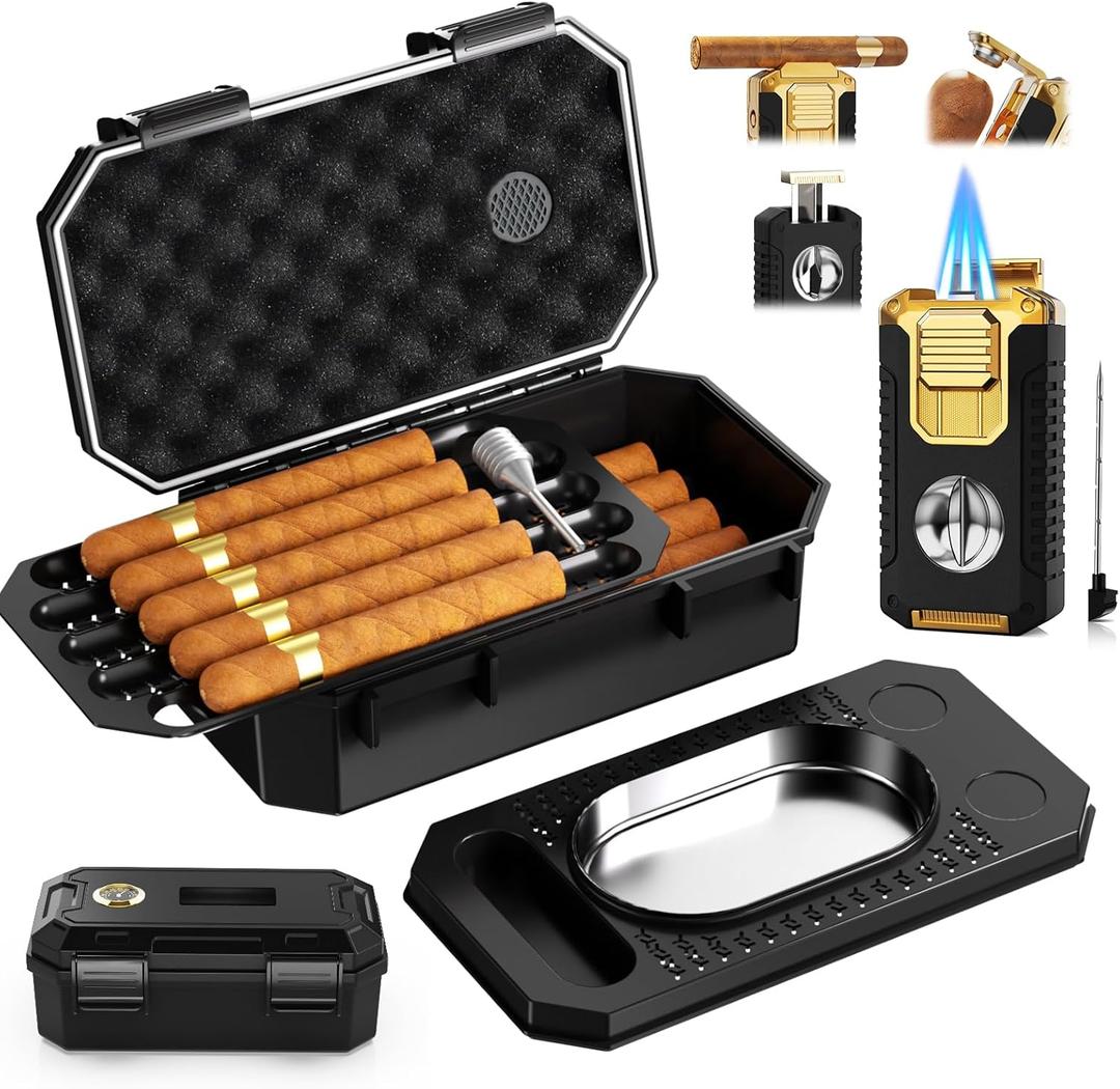 Travel Cigar Humidor Box set with Cigar Ashtray, Cigar Torch Lighter, Built-in V Cutter & Punch & Holder & Draw Enhancer Tool, Humidifier & Hygrometer, Portable Travel Cigar Case, Cigar Gifts for Men (Black)