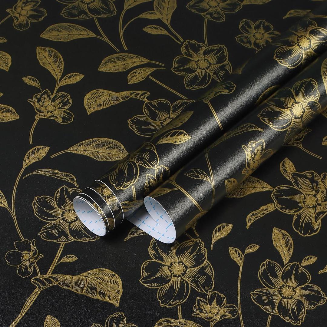 Heroad Floral Wallpaper Black and Gold Contact Paper Boho Wall Paper Peel and Stick Modern Removable for Cabinets and Drawers Waterproof Self Adhesive 17.3" x 78.7"