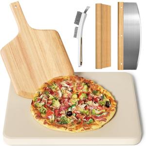 5 PCS Rectangle Pizza Stone Set, 16"Large Pizza Stone for Oven and Grill with Pizza Peel(OAK), Stone Brush,Pizza Cutter & 10pcs Cooking Paper for Free, Baking Stone for Pizza, Bread,BBQ (16 x 14 inch)