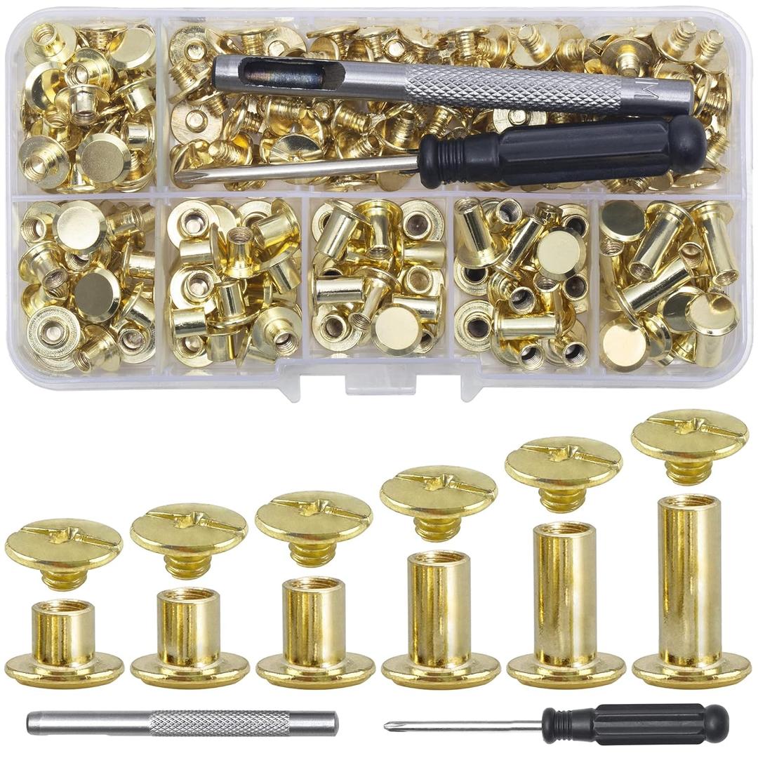 YORANYO 110Sets Chicago Screws Leather Rivets Assorted Screw Rivets Chicago Binding Screws for Decorate and Repair Leather Craft Belt Bag Shoes Purse Bookbinding (Gold, M5*4,5,6,8,10,12)