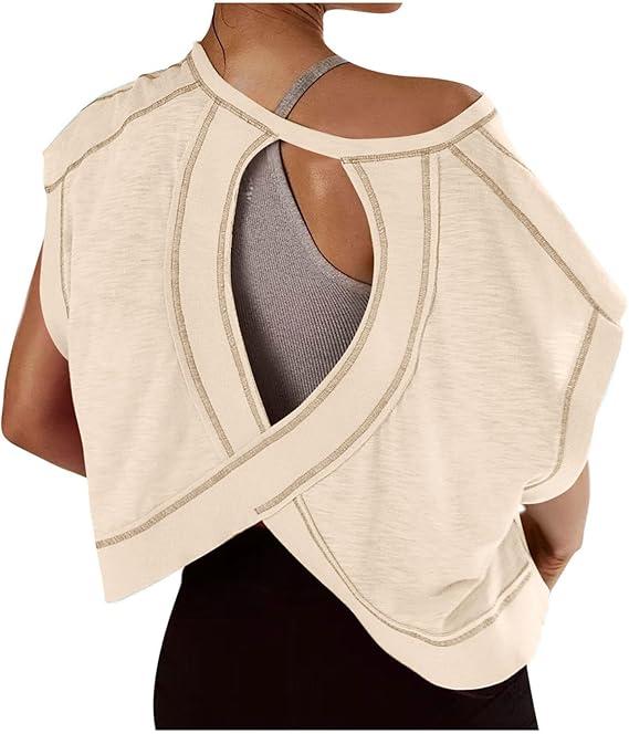 Womens Open Back Workout Tops Short Sleeve Y2k Yoga Shirts Athletic Gym Slouchy Crop Top Casual Backless Running Tees (Small, A02~Beige)