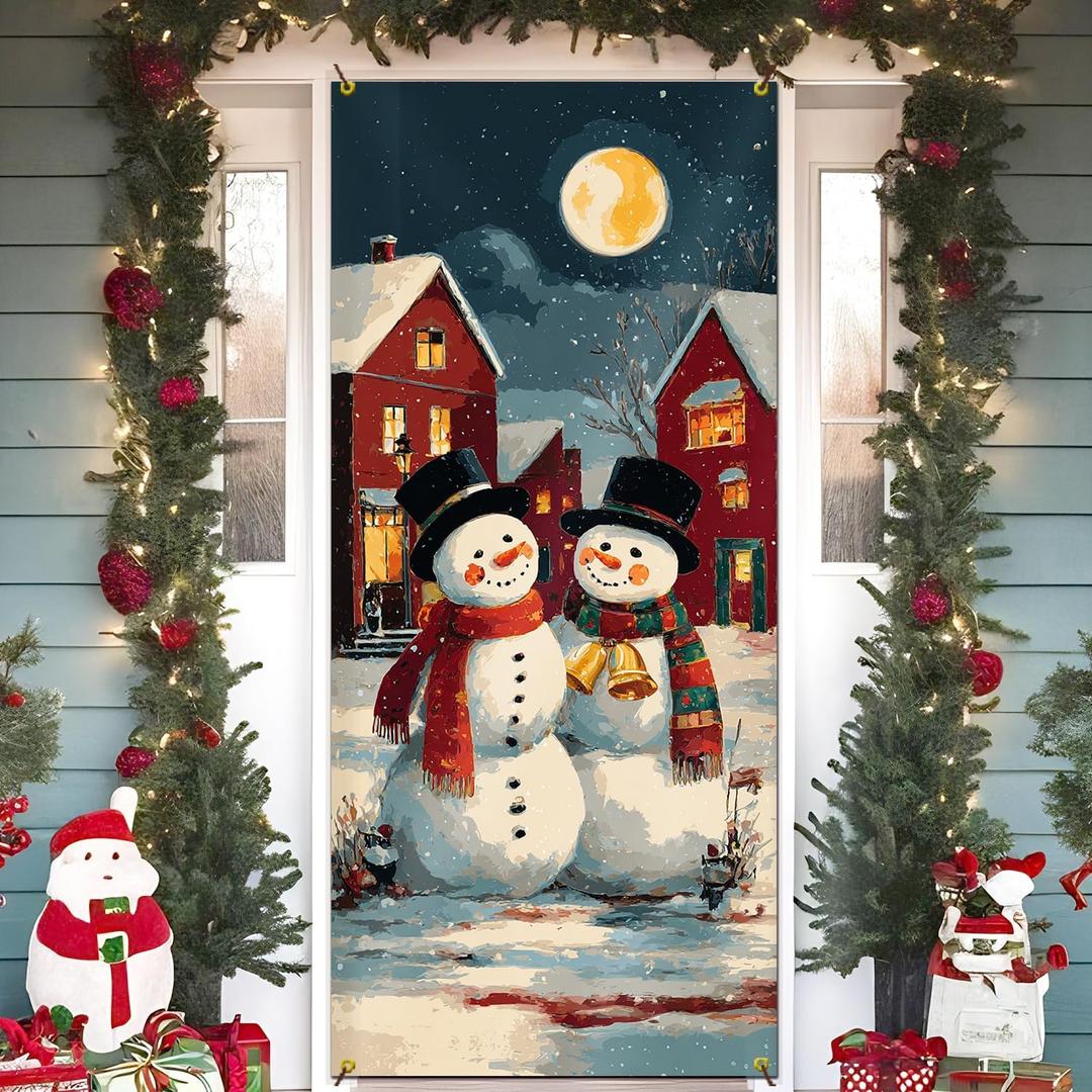 Christmas Snowman Decorations Door Cover,Winter Christmas Xmas Snowman Door Covers Doorway Banners Photography Backdrop Decor for Indoor Outdoor Winter Holiday,35x79 Inch
