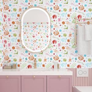 Watercolor Boho Floral Wallpaper 12"x100" Colorful Wildflower Wallpaper Peel and Stick Boho Contact Paper for Cabinets Drawers Self Adhesive Removable Vinyl Wraps for Nursery Kids Room (White/Red/Green/Blue)