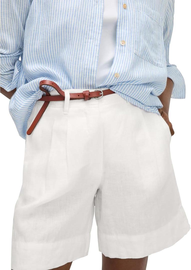 Women Shorts High Waisted Wide Leg Tailored Shorts Casual Beach Work Trouser Shorts Without Belts (Medium, White)