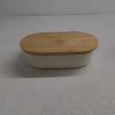 LARS NYSM Bread Box I Metal Box with linen bag for long lasting freshness I Bread Bin with bamboo lid usable as cutting board I 14.2x7.5x5.1 In (Almond Beige)