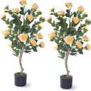 2 Pack 40" Artificial Camellia Tree with Vibrant Yellow Flowers Faux Flower Tree Plant in Pot Fake Topiaries