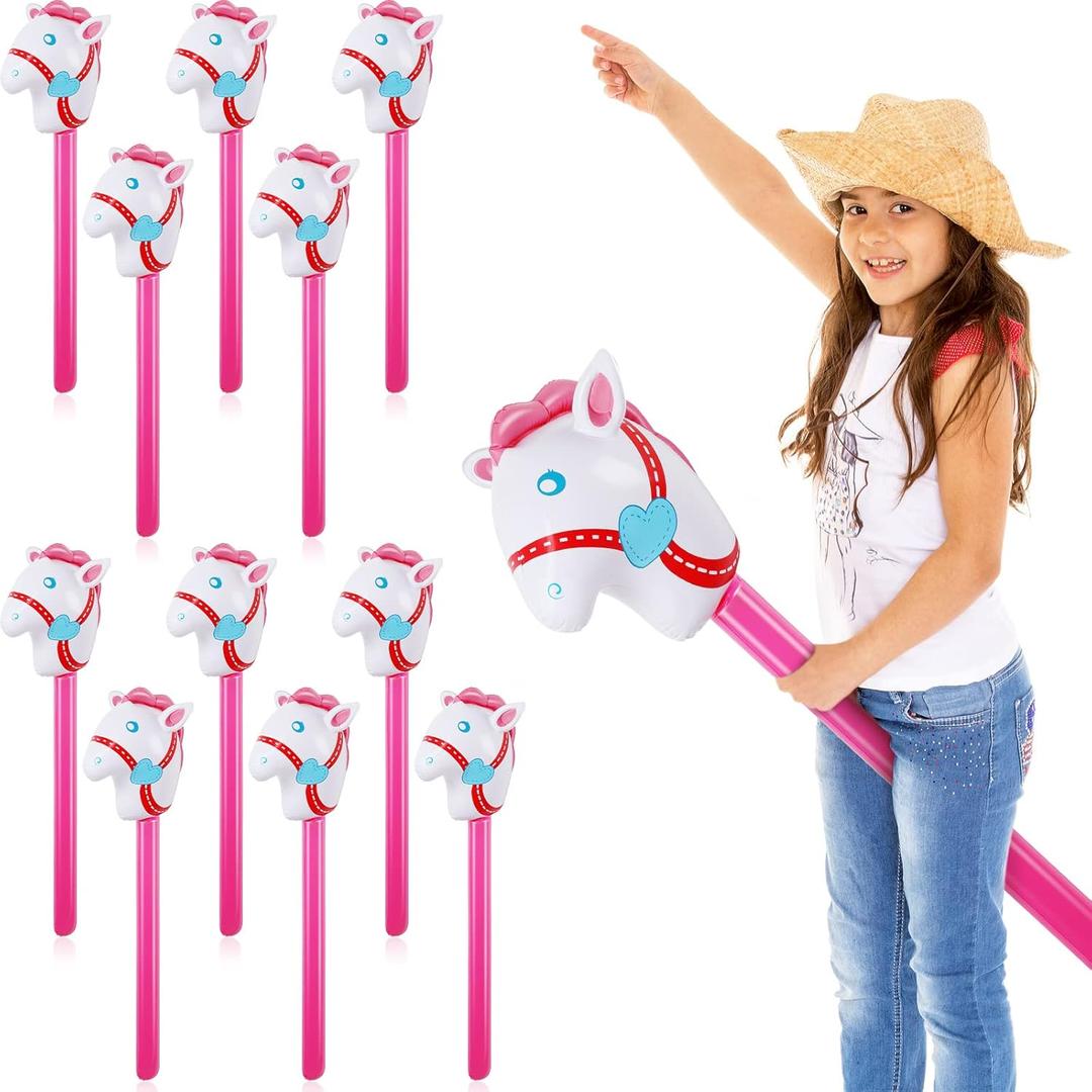 Chivao 12 Pieces Inflatable Stick Horse Cute Horse Head Stick Blow up Balloon Colorful Cowboy Cowgirl Party Decorations for Themed Birthday Party(Pink)