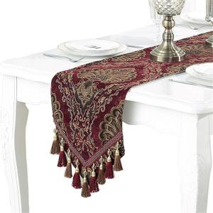 Embroidery Luxury Table Runner Jacquard Fabric Table Runner with Multi-Tassels for Dining Room Dresser Wedding Party Decorations, 13" x 62", Red