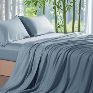 Shilucheng 100% Viscose Derived from Bamboo Queen Size 4pcs Ultra Cooling & Silky Soft Bed Sheets, 16" Deep Pocket, Perfect for Hot Sleepers, Hotel Bedding Sheets (French Blue)