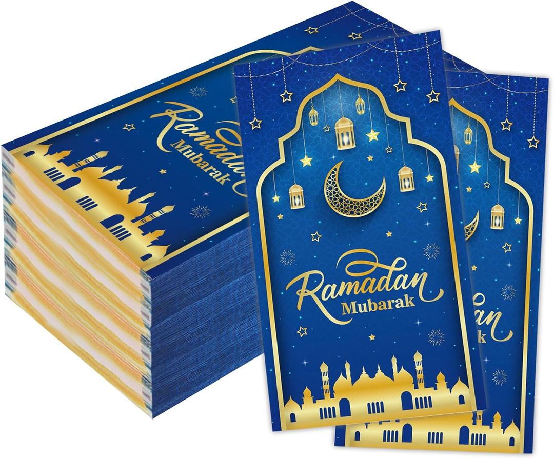 2 x Eid Mubarak Napkins, 100 Pcs Eid Mubarak Ramadan Paper Napkins Disposable, 2-Ply Blue Gold Star Moon Absorbent Paper Hand Towels for Bathroom Home Kitchen Mardi Gras Party Decorations Supplies