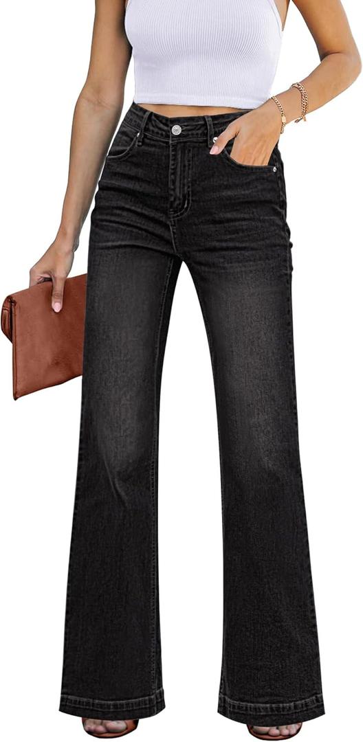 GRAPENT Womens Flare Jeans High Waisted Wide Leg Baggy Jean for Women Stretch Denim Pants, Black, Medium
