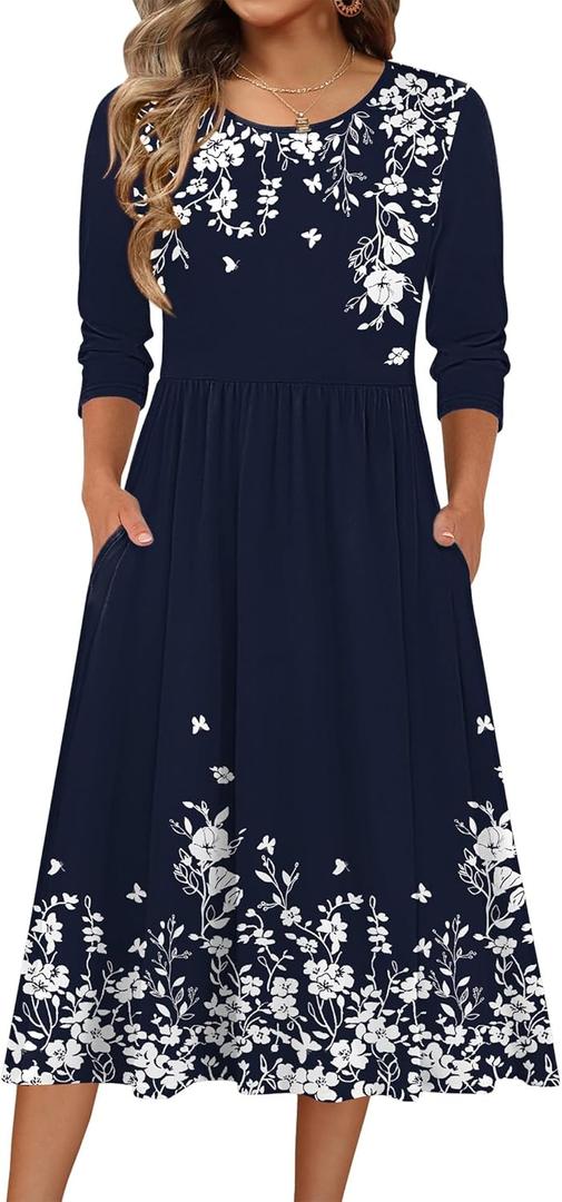 Zeagoo 3/4 Sleeve Women's Dress Casual Flowy A-Line Midi T-shirt Dresses with Pockets Crewneck Vocation Boho Beach Sundress (Blue, L)