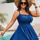 SCOMCHIC Womens Plus Size Swim Dress One Piece Swimsuit Tummy Control Bathing Suit Ruffle Tie Front Ruched Swimdress Swimwear (Blue, XXXL)