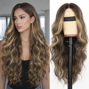 AISI HAIR Mocha Brown Balayage wig Wig for Women, Long Wavy Lace Hairline Middle Part Synthetic Heat Resistant Wig for Daily Party-26 Inch