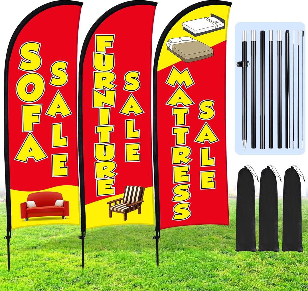 Buryeah 3 Pack Sofa Mattress Furniture Sale Flags Banner for Business Advertising 12 ft Feather Flag Sale Sign with Fiberglass Pole Kit Ground Stake and Portable Bag