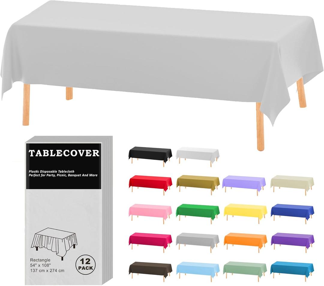D&Z Plastic Table Cloth Disposable, 12 Pack Silver Rectangle Tablecloth Individually Wrapped for Indoor&Outdoor, 54 x 108 Inch Table Cover for Party, Picnic, Birthday, Wedding & Dinner
