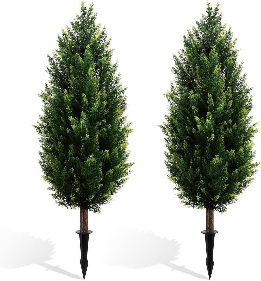 3ft Artificial Cedar Topiary Tree with Stakes - 39" High, 11" Diameter Set of 2 UV-Resistant & No Maintenance Faux Tree Shrubs for Outdoor Planters, Fake Plants That Look Real