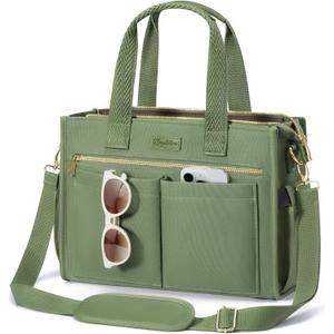 Canvas Tote Bag for Women, 15-Pockets Work Laptop Tote Purse Large Crossbody Nurse Teacher Bible Bag for School Travel Daily | with Strap & Zipper, Multi Compartment, Stand Upright Stably, College Shoulder Bag, Clinical Nursing Bag, Ideal Gift for Women (Medium-14inch, M5.green)