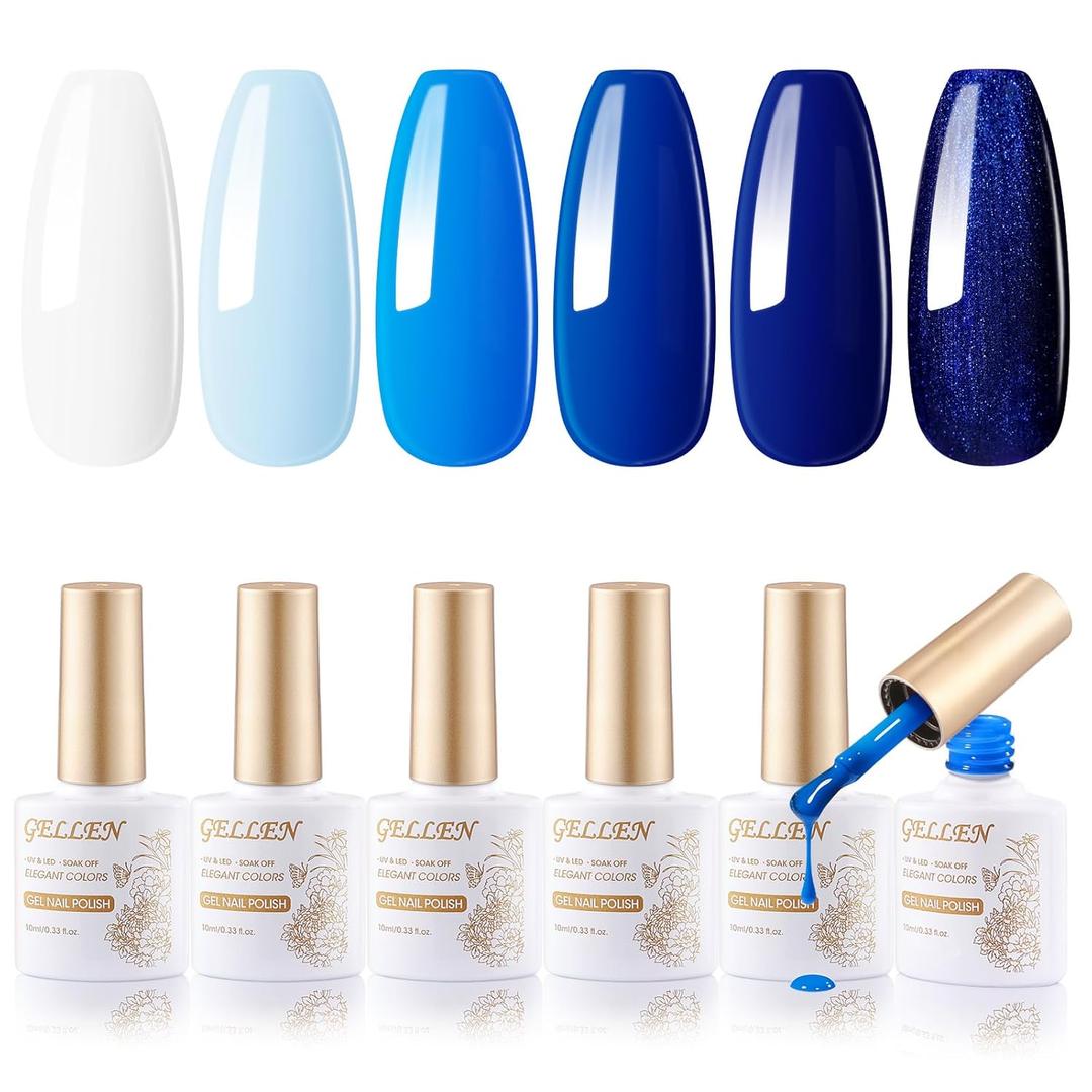 Gellen Blue Gel Nail Polish Set - 6 Colors Dark Blue Royal Light Baby Navy Glitter UV Gel Polish No Wipe Soak Off for Summer Winter Nail Art Design - Gifts for Girls Women