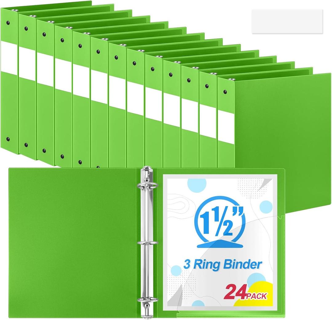 Henoyso 24 Pack 1.5 Inch 3 Ring Plastic Binders with Pockets, Lime Green
