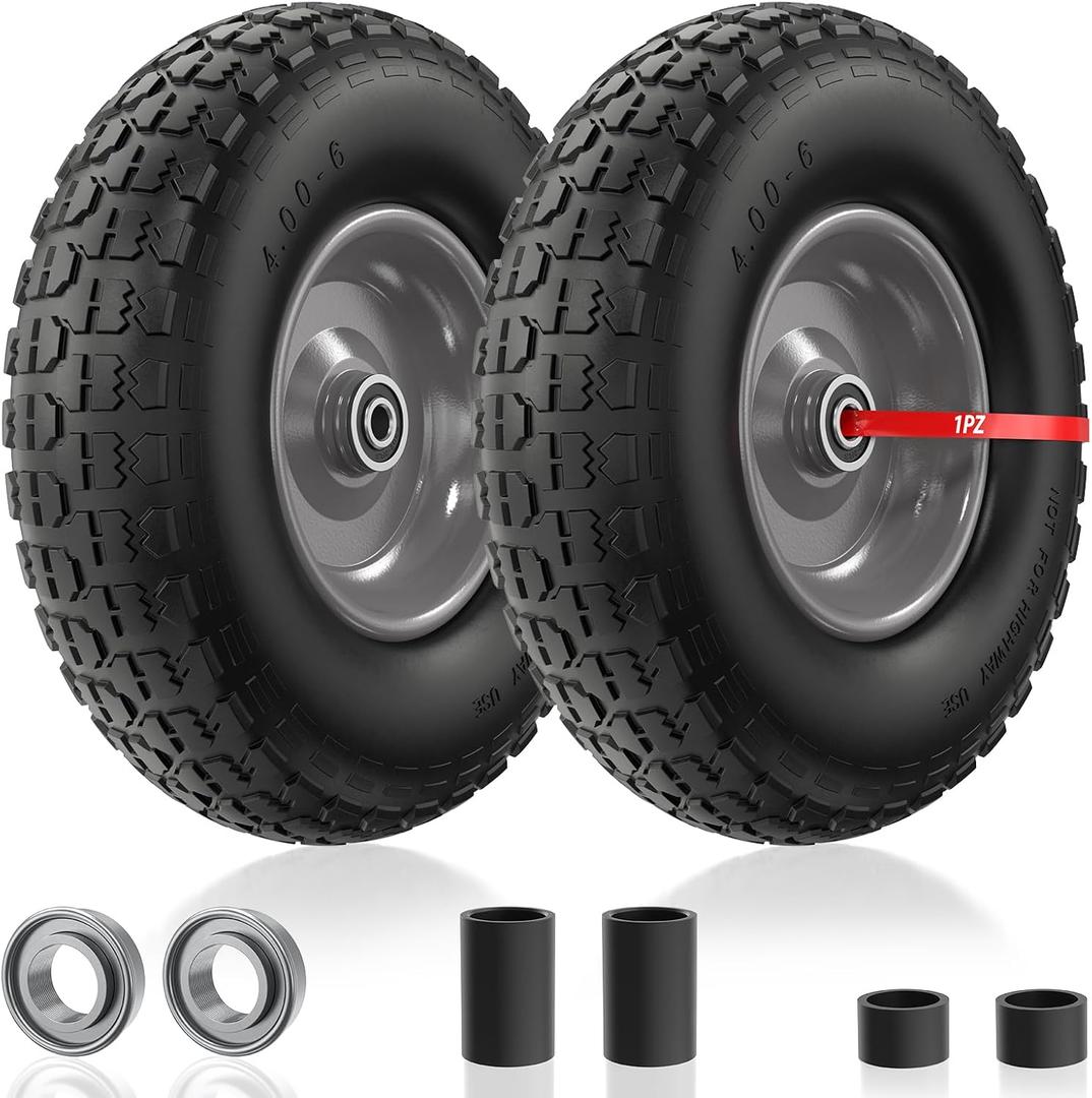 1PZ 4.00-6 Flat Free Tire and Wheel 13 Inch Solid Garden Wheelbarrow Tires 300Lbs with 5/8" & 3/4" Axle Hole 1"-3.5" Hub for Garden Cart Wheelbarrow Hand Truck for Home Farm