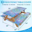 Picnic Table Cover with Bench Covers Fitted Waterproof Camping Tablecloth with Elastic for 6 Foot Rectangle Tables Outdoor Travel Rv Essentials Summer Vacation Accessories Gifts for Men Women