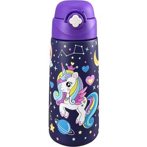 Girls Insulated Water Bottle with Covered Pop-Up Straw,16 oz Kids Cups with Stainless Steel Leak Proof for SchoolUnicorn-Purple