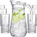 LemonRoad 7 Pcs Glasses Pitcher Drinkware Set 54oz Pitcher Carafe and 6 Tall Drinking Beverage Set, Jug with Lid and Spout for Juice, Iced Tea or Water(Crystle Style)