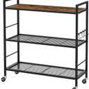 3-Tier Metal Storage Rack with Industrial Wheels,Mesh Shelving Unit with Wooden Table top,Adjustable Shelf,31.5-Inch Width, for Kitchen, Laundry,Pantry,Plant,Black
