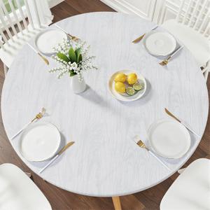 Smiry Round Picnic Tablecloth, Wipeable Flannel Backed Vinyl Tablecloths for 45" - 56" Tables, Waterproof Elastic Fitted Table Covers for Camping, Indoor, Outdoor, Grey & White, For Up to 45"-56" Round