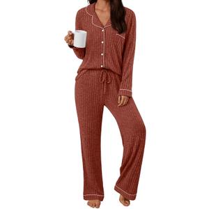 LILLUSORY Womens Winter Pajama Sets Lounge 2 Piece Pj Matching Cute Soft Long Sleeve Sleepwear (X-Large, Caramel)