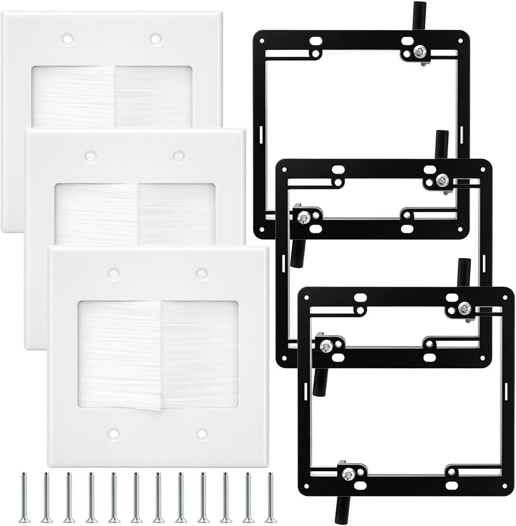 Tlence 6 Pack 2 Gang Brush Wall Plate with Brackets, Double Gang Cable Pass Through Wire Hider, Low Voltage Flush Mounting Wall Cover for Ethernet Cables, Coaxial, Speaker Wires, Wall Mounted TV