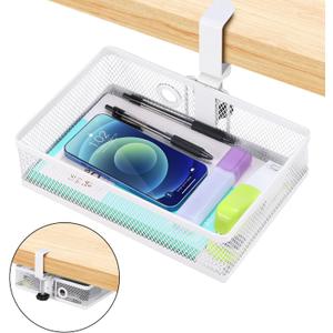 ROSYLINE Clamp On Desk Organizer - Under Desk Hanging Drawer with Storage Basket, Multi-Scene Mount Tray for Home Dorm Office (White)
