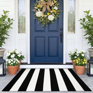 KOZYFLY Black and White Area Rug 27.5x43 Inches Striped Front Door Rug Cotton Washable Indoor Outdoor Rug Doormats Outdoor Small Striped Rugs for Kitchen Entryway Patio Front Porch Decor