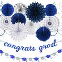 Navy-blue Silver Party-Decorations Graduation Banner-Streamers - 18pcs Kits 2026 Congrate Grad Garland,Congratulations Paper Tissue Pom Poms Fan,Honeycomb Lanterns Decor Panduola