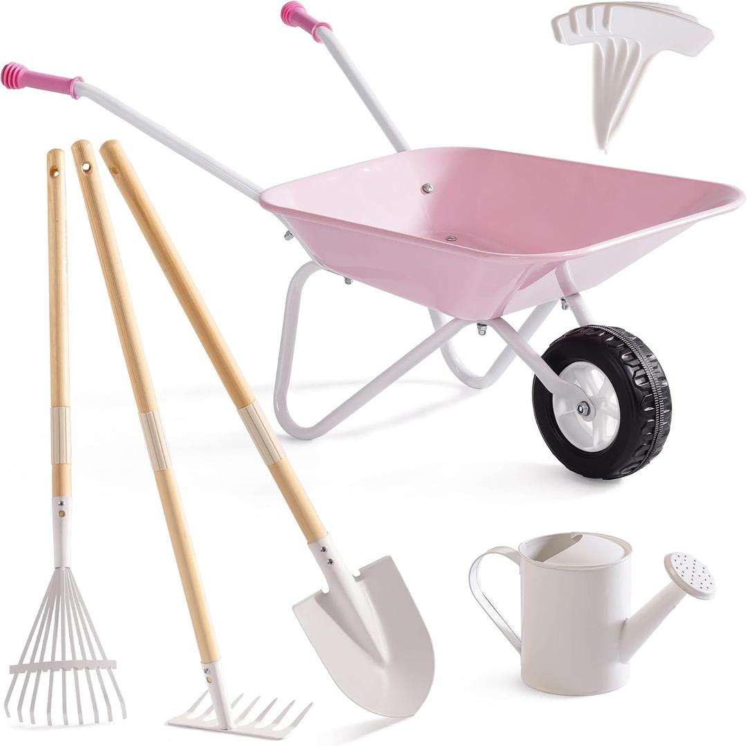 ROBUD Kids Wheelbarrow with Gardening Tools Set-9pcs Metal Toddler Wheelbarrow, Garden Tools, Watering Can, Plant Labels– Child Outdoor Toy for Ages 3+, Christmas Birthday Gifts for Boys Girls(Pink)