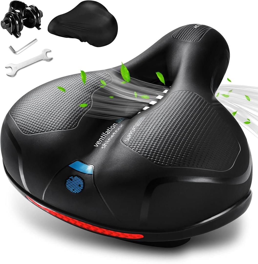 Comfortable Bike Seat, Bike Saddle with Memory Foam Padded, Wide Bicycle Seat with Dual Shock Absorbing and Night Reflective Strips for Men Women (Black+Blue(9.7"L x 8"W x 3.7"H))