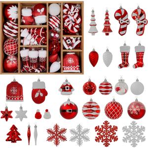 Alupssuc 85ct Christmas Balls Ornaments Set, Colorful Shatterproof Plastic Christmas Tree Ornaments, Xmas Decorative Baubles for Christmas Tree Decorations with Hanging Strings, Red & White