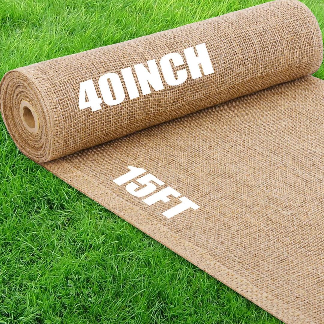 40" x15 Feet Burlap Fabric Natural Burlap Roll Multipurpose Burlap Tree Wrap Premium Weed Barrier Erosion Jute Fabric for Gardening, Weddings, Crafts & Holiday Decor  Wedding Aisle Runner