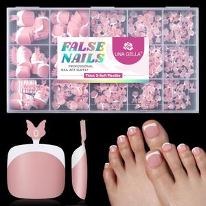 UNA GELLA French Press On Toe Nails Short 330Pcs Peach Pink X-Soft Gel Toe Nail Tips 15 Sizes Square Round Pre-etched Toenail Tips Soak Off Fake Acrylic Press On Toenails for Women Nail Extensions Art