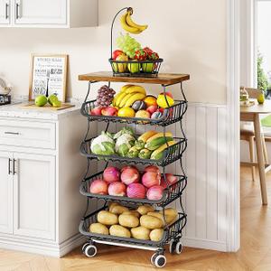 SAYZH Fruit Basket Kitchen Pantry Organizers and Storage  5 Tier Stackable Metal Wire Basket Stand for Fruit Vegetable Snacks Jars Bins Containers Organization, (Black, 5 Tiers)