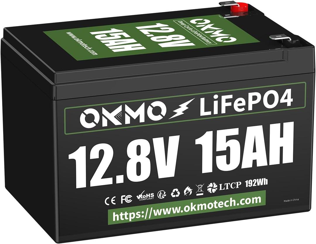 OKMO 12V 15Ah LiFePO4 Lithium Battery, 4000+ Deep Cycles rechargeable Battery with LTCP, 10-Year , for UPS, Kayak Fish Finder, Solar Panel, Power Wheels Toys, Scooter, Radio (2 packs)