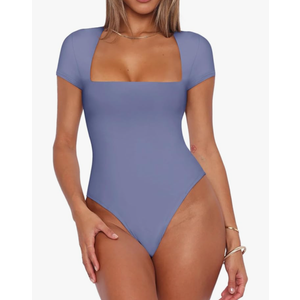 REORIA Womens Sexy Square Neck Double Lined Shirt Stretchy Basic Short Sleeve Going Out Thong Bodysuit Tops, Size M