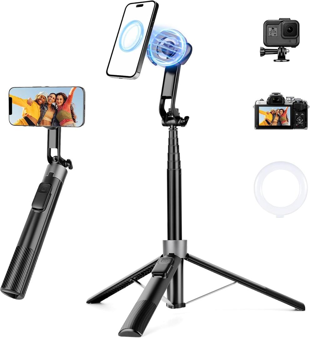 70" Magnetic Phone Tripod, Selfie Stick Tripod for iPhone Magsafe with Rechargeable Remote & 2 in 1 Magnetic Holder, Portable Cellphone Stand for Recording Travel, Compatible with iPhone and Android (Black)